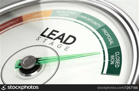 3d illustration of a conceptual gauge with needle pointing the last stage of a sales process. Inbound marketing concept.. Inbound Marketing and Sales Process Concept, Leads Stage