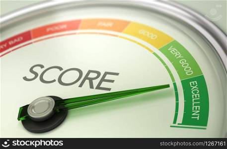 3D illustration of a conceptual gauge with needle pointing to excellent. Business credit score concept.. Business Credit Score Gauge Concept, Excellent Grade.