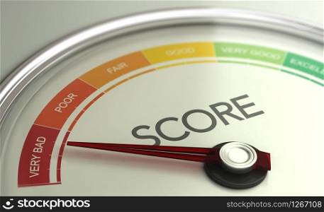 3D illustration of a conceptual gauge with needle pointing to very bad scoring. Business credit score concept.. Business Credit Score Gauge Concept, Very Bad Grade.