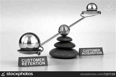 3D illustration of a conceptual scale made with pebbles and two possibilities customer retention or acquisition. Customer Retention VS Acquisition