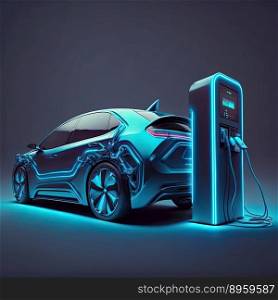 3d illustration of a electric car isolated on dark background with lights. Generative AI