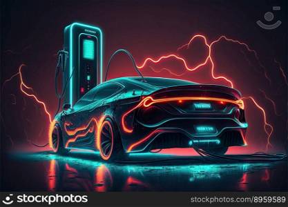 3d illustration of a electric car isolated on dark background with lights. Generative AI