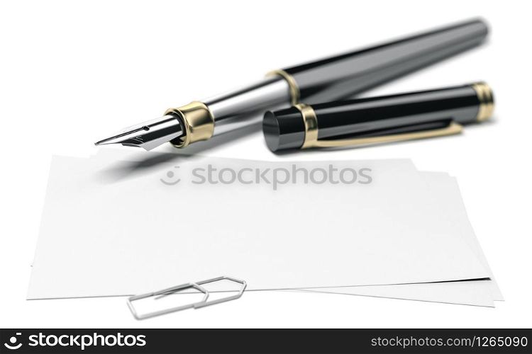 3D illustration of a fountain pen and a blank business card for communication over white background. Perspective view and blur effect on the pencil.. Blank business card, perspective view.