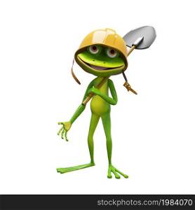 3D Illustration of a Frog Builder with a Shovel on a White Background