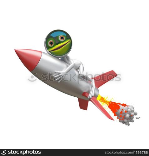 3D Illustration of a Frog in a Spacesuit on a Rocket on a White Background
