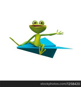 3D Illustration of a Frog on a Blue Paper Plane on a White Background