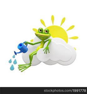 3D Illustration of a Frog on a Cloud with a Watering Can on a White Background