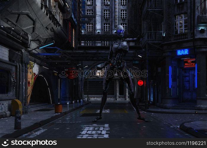 3D Illustration of a futuristic urban Scene with Cyborg