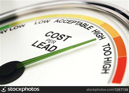 3D illustration of a gauge for analyzing cost per lead amount. Reduce CPL, Cost Per Lead