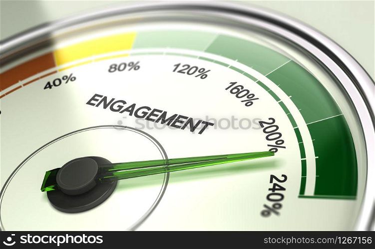 3D illustration of a gauge with needle pointing more than 200 percent. Company or employee engagement Concept. Employee or Company Engagement Concept