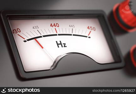 3D illustration of a gauge with needle pointing to 432 Hz (hertz). Concept of music tuning and frequency change. . Tune music to 432 Hz instead of 440 hertz.