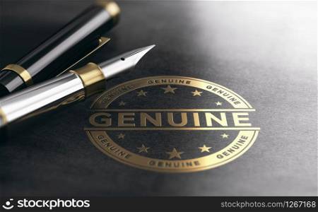 3d illustration of a genuine golden stamp on black paper background. Document authentication concept.. Genuine, Authenticity Certificate