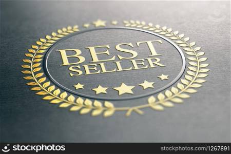 3D illustration of a golden best seller award over black paper background. Golden Best Seller Award Over Black Paper Background