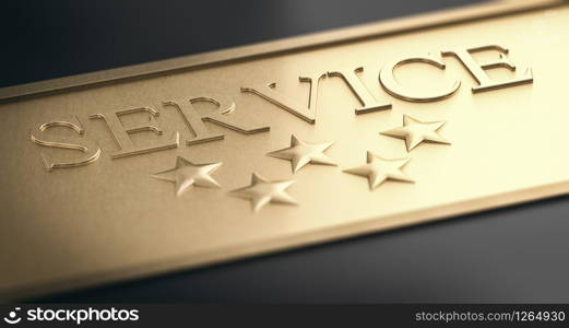 3D illustration of a golden sign with the word service and five stars over black background. Trust concept.. Trust Concept, Premium Service. Five Stars Over Golden Background