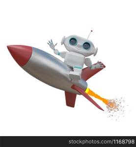 3D Illustration of a Little White Robot on a Rocket on a White Background
