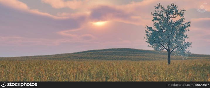 3d illustration of a lonely tree in a cultivated field