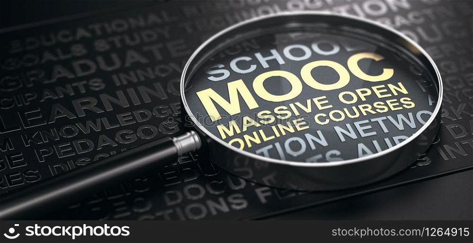 3D illustration of a magnifier over black background and focus one the text MOOC Massive Open Online Courses written with golden letters.. MOOC, Massive Open Online Courses.