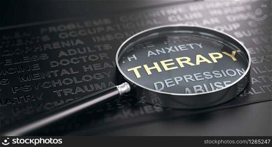 3D illustration of a magnifier over mental health disorder words with focus on the word therapy. Black background.. Anxiety or Depression Therapy Concept.