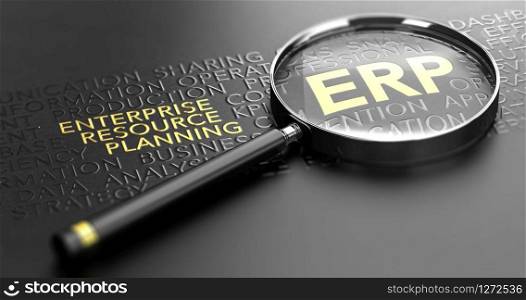 3D illustration of a magnifying glass over black background and focus on the golden acronym ERP. Enterprise Resource Planning Concept. Business Management Software. ERP, Enterprise Resource Planning Solutions