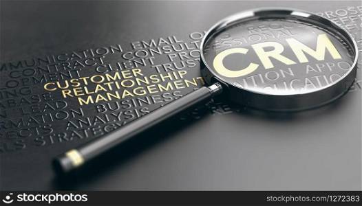3D illustration of a magnifying glass over black background and focus on golden CRM acronym. Customer Relathionship Management Concept.. CRM, Customer Relationship Management Concept