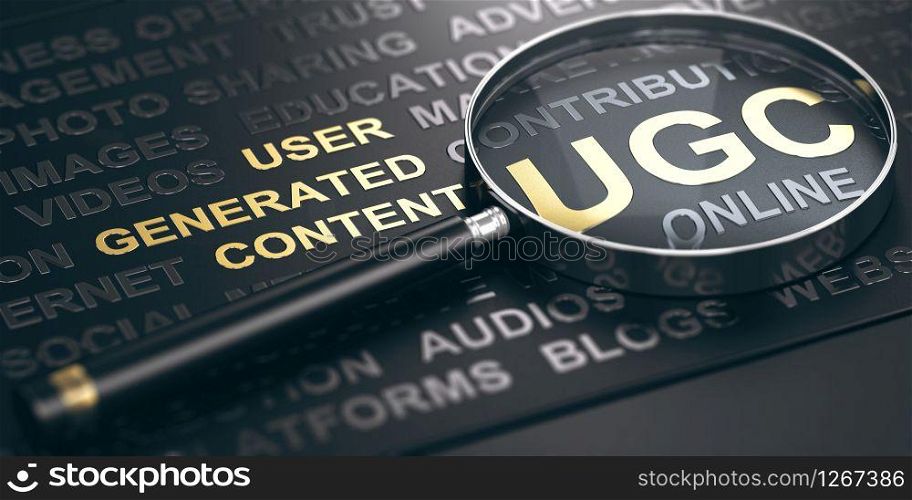 3D illustration of a magnifying glass over black background with the Acronym UGC (User Generated Content). Online Marketing concept. . UGC, User Generated Content. Online Marketing Concept
