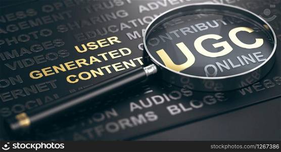 3D illustration of a magnifying glass over black background with the Acronym UGC (User Generated Content). Online Marketing concept. . UGC, User Generated Content. Online Marketing Concept