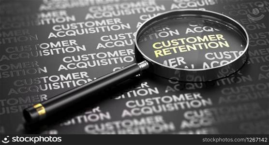 3D illustration of a magnifying glass over black background with the words customer retention and acqisition. Business or Marketing concept. . Customer Retention VS Acquisition