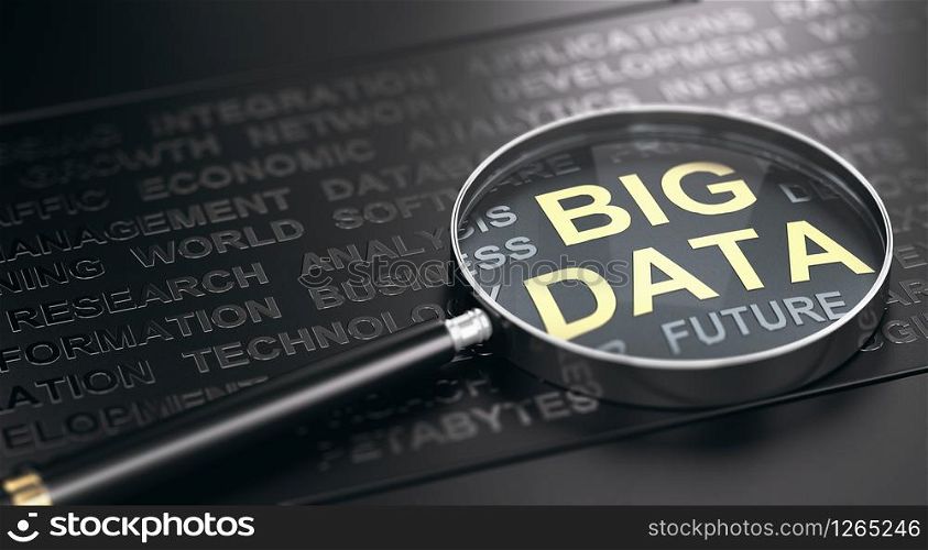 3D illustration of a magnifying glass over many words with focus on the text Big Data. Black background.. Big Data Definition Concept.