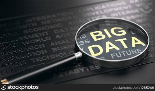 3D illustration of a magnifying glass over many words with focus on the text Big Data. Black background.. Big Data Definition Concept.