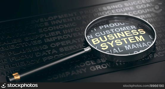 3D illustration of a magnifying glass with many words over black background. Business system planning concept.. Strategic management. Business System Planning.