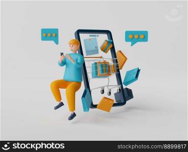 3d illustration of a man shopping online via application on smartphone with shopping item.