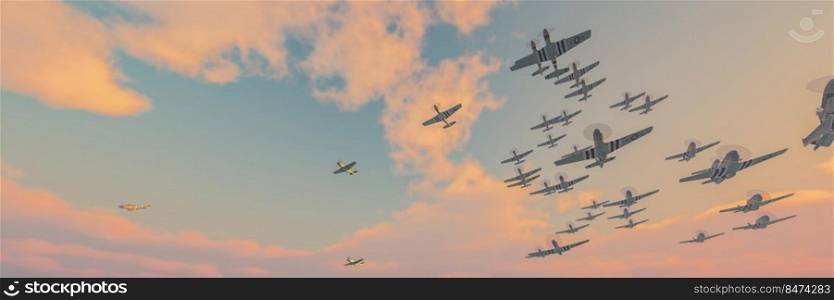 3d illustration of a old war planes in the sky