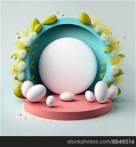 3D Illustration of a Podium with Easter Eggs, Flowers, and Greenery Decoration