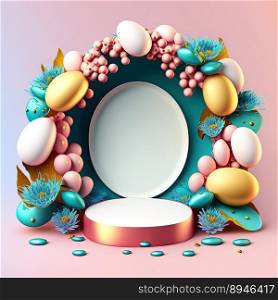 3D Illustration of a Podium with Easter Eggs, Flowers, and Greenery Decoration for Easter Celebration