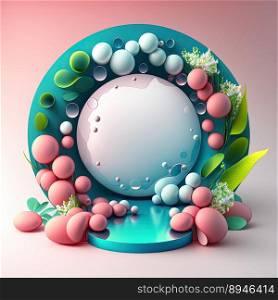 3D Illustration of a Podium with Easter Eggs, Flowers, and Leaves Decoration for Easter Celebration