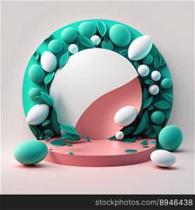 3D Illustration of a Podium with Easter Eggs, Flowers, and Leaves Ornaments for Product Display