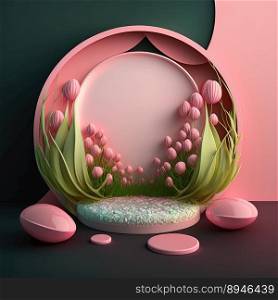 3D Illustration of a Podium with Easter Eggs, Flowers, and Leaves Ornaments for Product Display