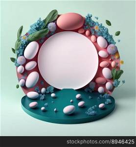 3D Illustration of a Podium with Eggs, Flowers, and Foliage Decoration for Easter Celebration