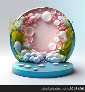 3D Illustration of a Podium with Eggs, Flowers, and Foliage Ornaments