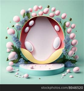 3D Illustration of a Podium with Eggs, Flowers, and Leaves Decoration
