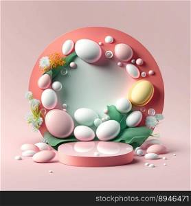 3D Illustration of a Podium with Eggs, Flowers, and Leaves Decoration for Product Display