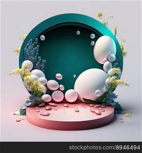3D Illustration of a Podium with Eggs, Flowers, and Leaves Ornaments