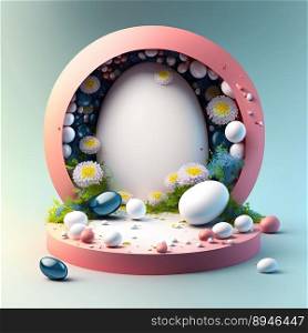 3D Illustration of a Podium with Eggs, Flowers, and Leaves Ornaments for Product Display