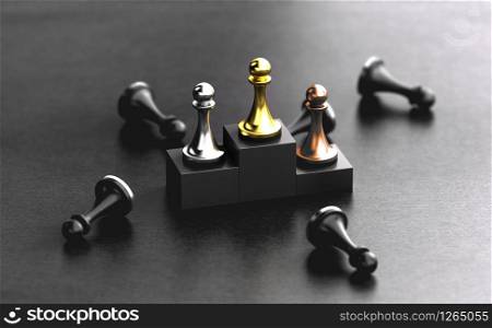 3D illustration of a podium with golden, silver ans bronze pawns over black background. Concept of contest or competition winners.. Contest winners podium. Top Three.