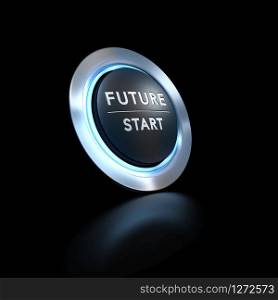 3D illustration of a pushbutton where it is written future start with blue light over black background. Concept image for illustration of life change or strategic vision.. Strategic Vision