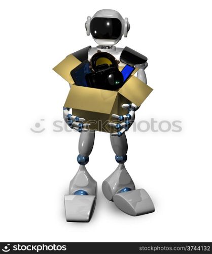 3d illustration of a robot with a box of gadgets