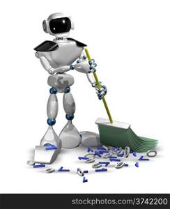 3d illustration of a robot with a broom cleans digital garbage