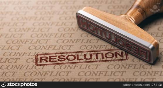 3D illustration of a rubber stamp over a paper background with many watermarks. Conflict resolution concept.. Conflict resolution