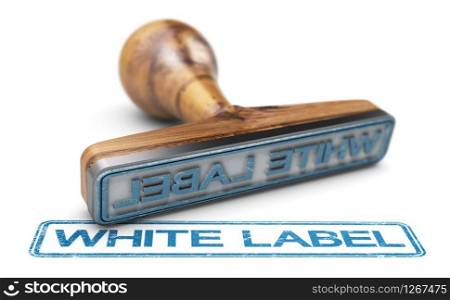 3D illustration of a rubber stamp over white background with the text white label printed in blue color.. White Label or Private Labeling, Rubber Stamp Over White Background.