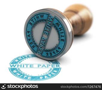3d illustration of a rubber stamp over white background with the text white paper printed in blue color. White Paper Document, Rubber Stamp Over White Background